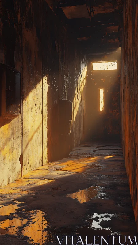 Photorealistic derelict corridor with dramatic raking light.