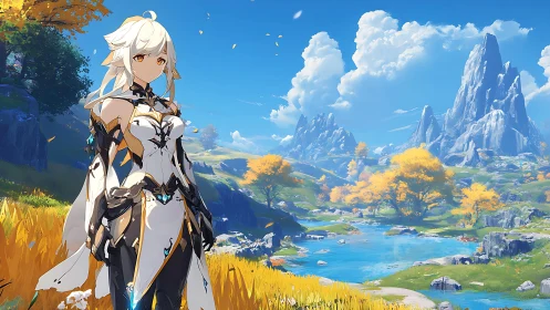 Bright-haired warrior pauses beside a peaceful blue river valley