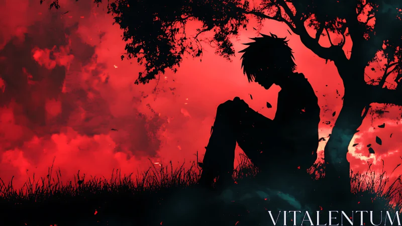 Silhouetted lone figure under trees in intense red sky.