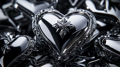 Ornamental heart sculpture with crystalline star motif rendered in monochromatic metallic tones.