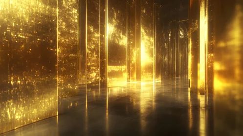 Futuristic golden hallway with glowing reflective walls, digital art.