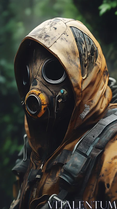 Gas mask scout in weathered hazard hood within dense foliage