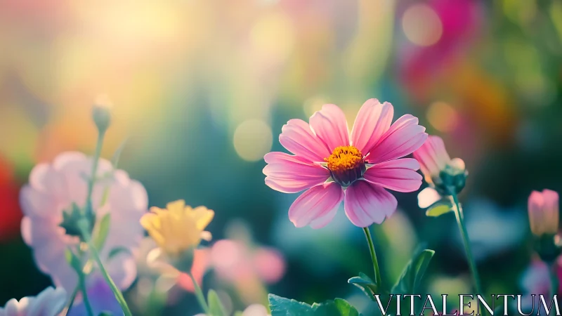 Pink cosmos flower with golden center in vibrant garden setting.