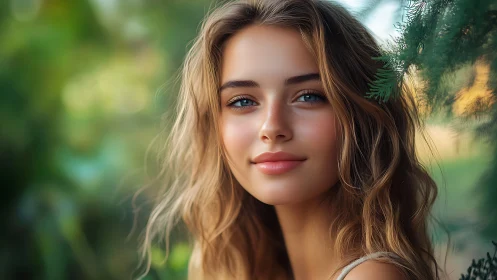 Softly lit portrait of a smiling woman in lush greenery