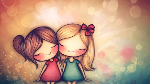 Cute cartoon girls hugging in dreamy pastel bokeh style illustration.