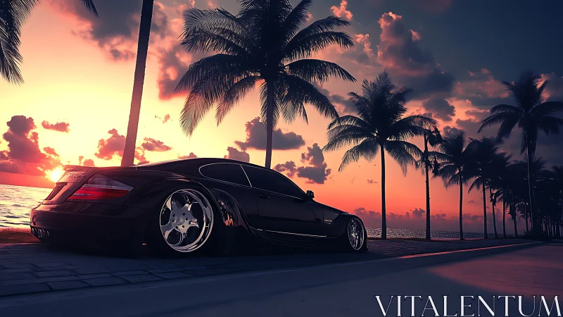 Sleek black sports car glides along a neon sunset coast