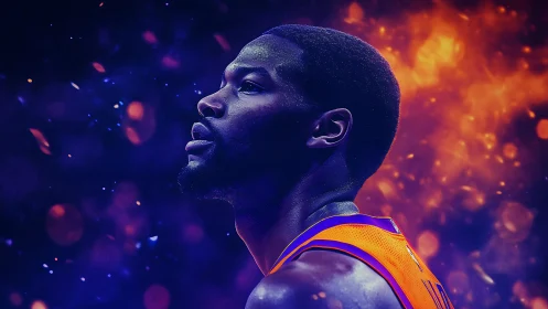 Neon-lit basketball portrait isolates athlete in fiery bokeh glow