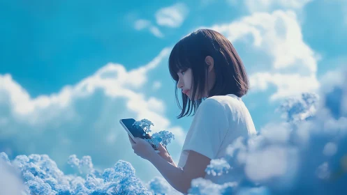 Digital illustration shows girl holding smartphone in flowers