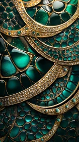 Emerald scales form layered gold lattice with jeweled arcs