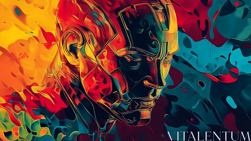 Neon android portrait glows amid swirling liquid color fields.