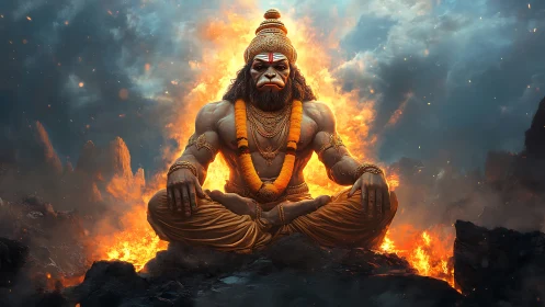 Simian deity figure in seated pose before fiery backdrop.