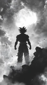 Monochrome anime silhouette against lunar backlight skyscape.