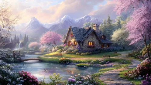 Stone cottage glows beside spring pond under pastel sky.