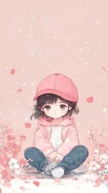 Soft pastel anime portrait depicts seated child in pink tones