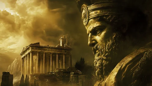 Mythic Greek temple and colossal golden deity in stormlight.