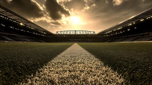 Empty football stadium field under dramatic golden sunset