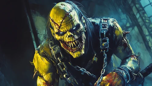 Chainbound zombie warrior lunges through toxic blue gloom.