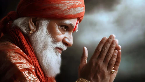Elderly man in red turban praying with folded hands.