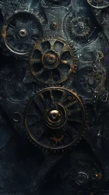 Oxidized mechanical geartrain under dramatic directional lighting.