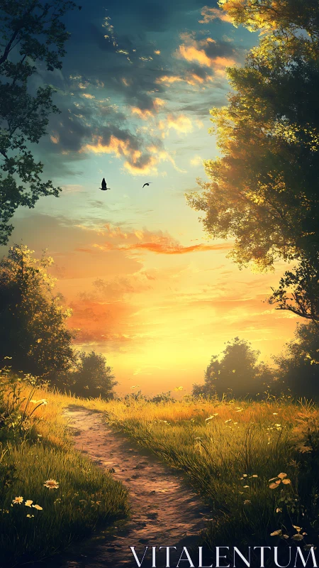 Sunset path through meadow with trees and glowing sky.