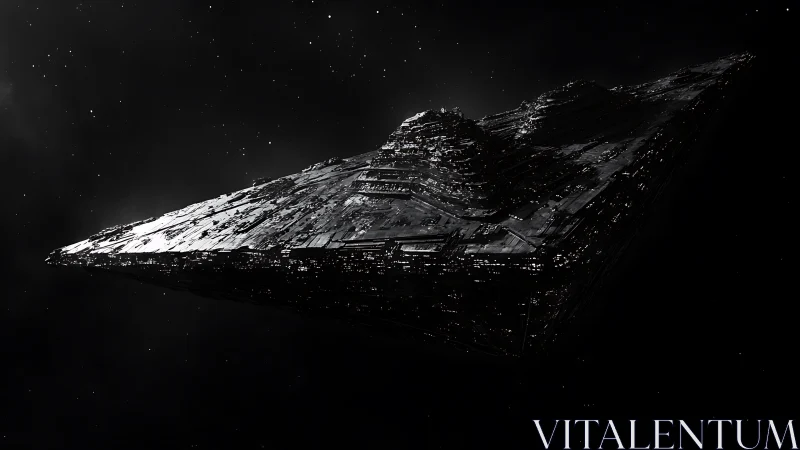 Massive triangular star cruiser in deep space darkness.
