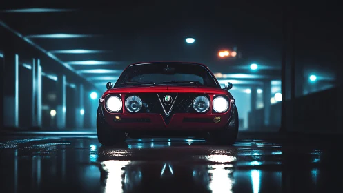 Red classic sports car glows under moody neon night rain