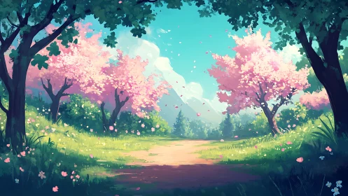 Enchanted Forest Pathway with Blooming Cherry Trees and Luminous Sky.