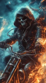 Fiery skeletal biker charges through smoky infernal storm