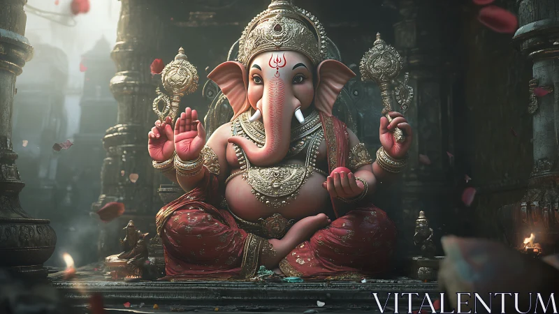 Gentle Ganesha statue bathed in soft temple light and color.
