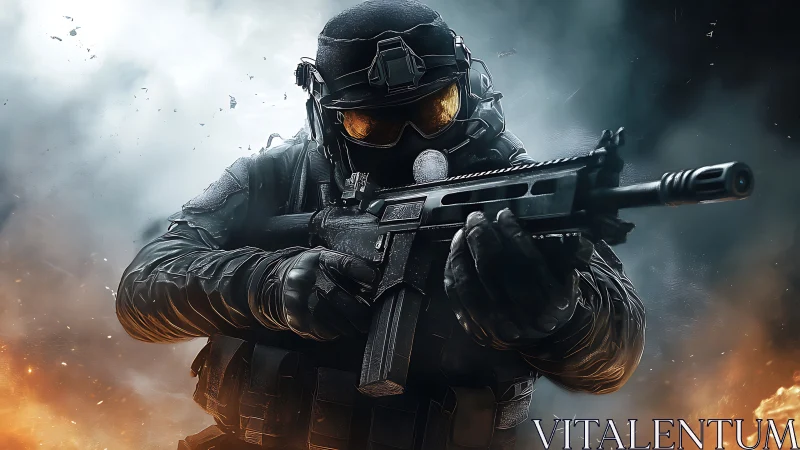 Battlefield phantom storms through firelit urban chaos.