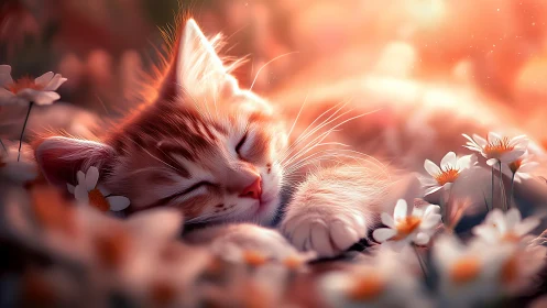 Serene Cat Resting Among Daisies in Golden Sunlight.