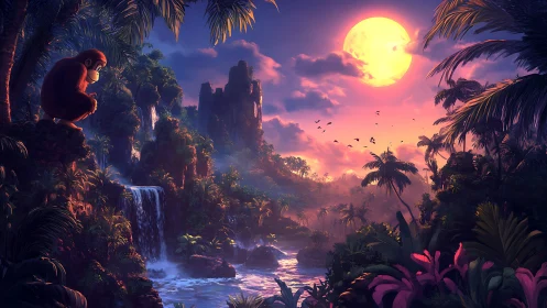 Simian silhouette overlooking luminous jungle river at dusk.