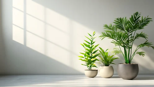 Potted indoor plants aligned against sunlit wall.