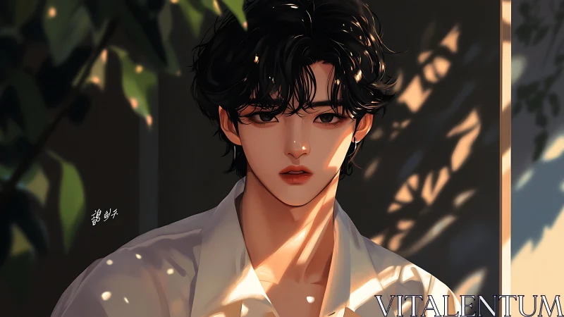 Backlit portrait of androgynous youth with dappled foliage shadows