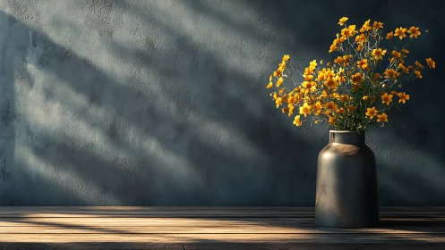 Golden Flowers in Ceramic Vessel Against Textured Wall.