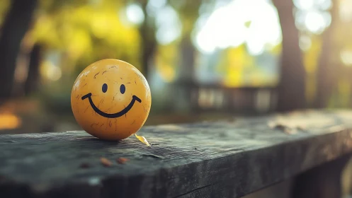 Sunlit smiley ball rests on a rustic wooden park bench