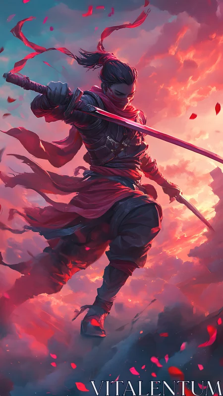 Sky-dancing rogue in crimson light and swirling clouds.