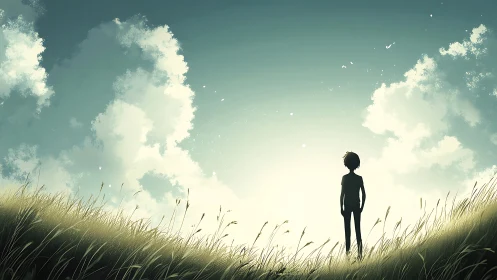 Quiet silhouette boy beneath daydream-blooming clouds glow.