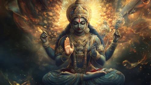 Radiant goddess in golden serenity and cosmic stillness.