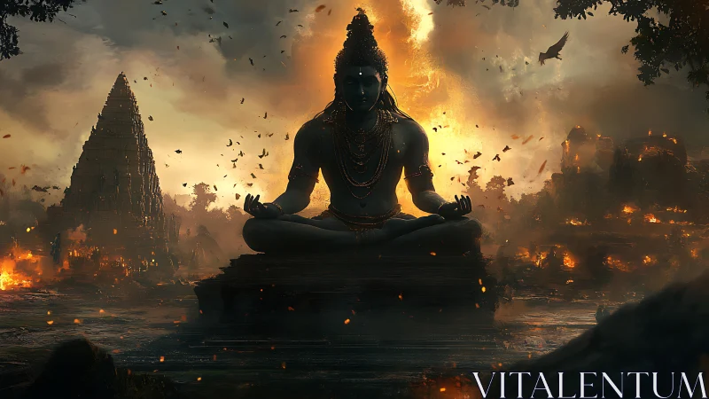Colossal meditative deity amid apocalyptic incendiary landscape.