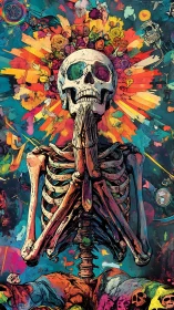 Praying skeletal figure framed by explosive chromatic halo and flora