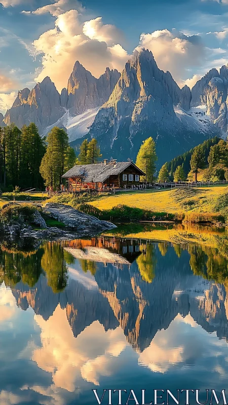 Mountain lake cabin under dramatic peaks reflection.