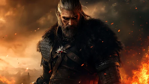 Armored warrior stands amid embers under storm-darkened sky