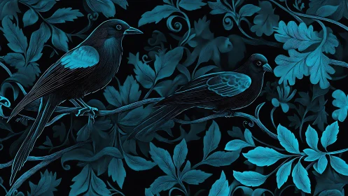 Ornithological Study in Cyan: Two Perched Birds Against Baroque Botanical Motifs
