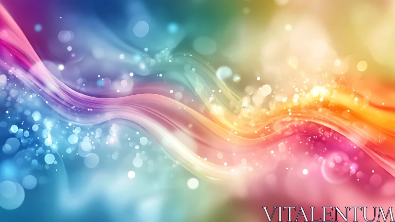 Chromatic light waves curve through bokeh-filled abstract field