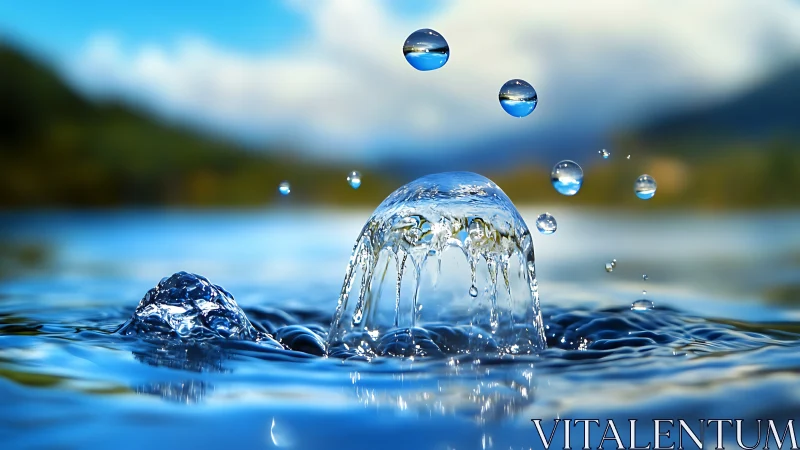 Gentle water splash rises in calm blue lake scenery