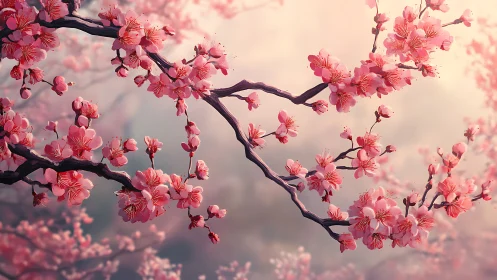 Pink Cherry Blossom Branches with High Depth of Field Bokeh Photography