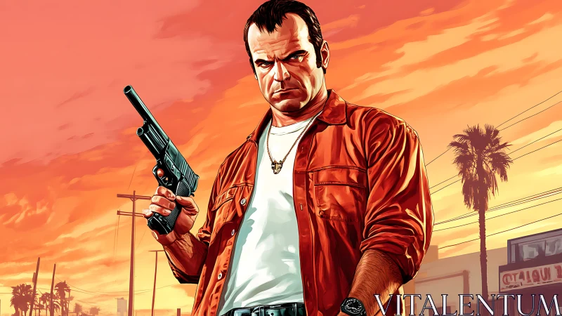 Sunset city tough guy stands ready against orange skies