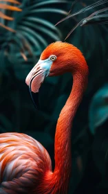 Vibrant flamingo profile glows against deep jungle greens.