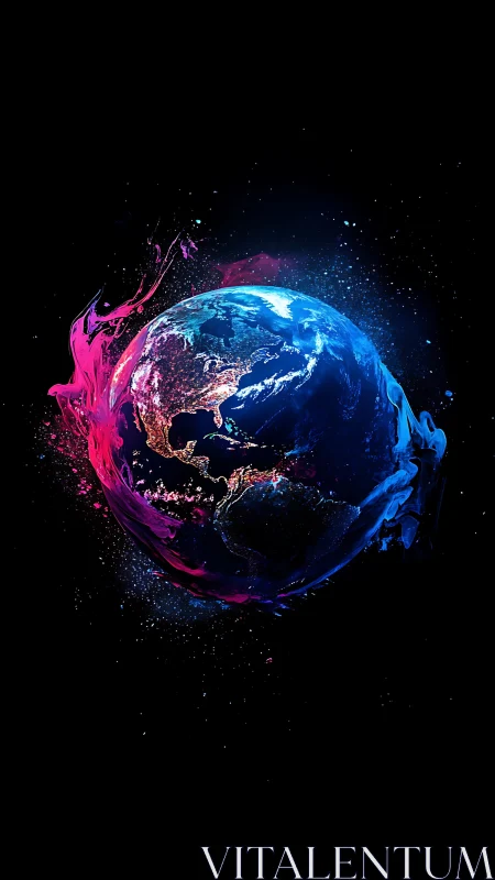 Planetary sphere rendered with neon color splashes and starfield contrast